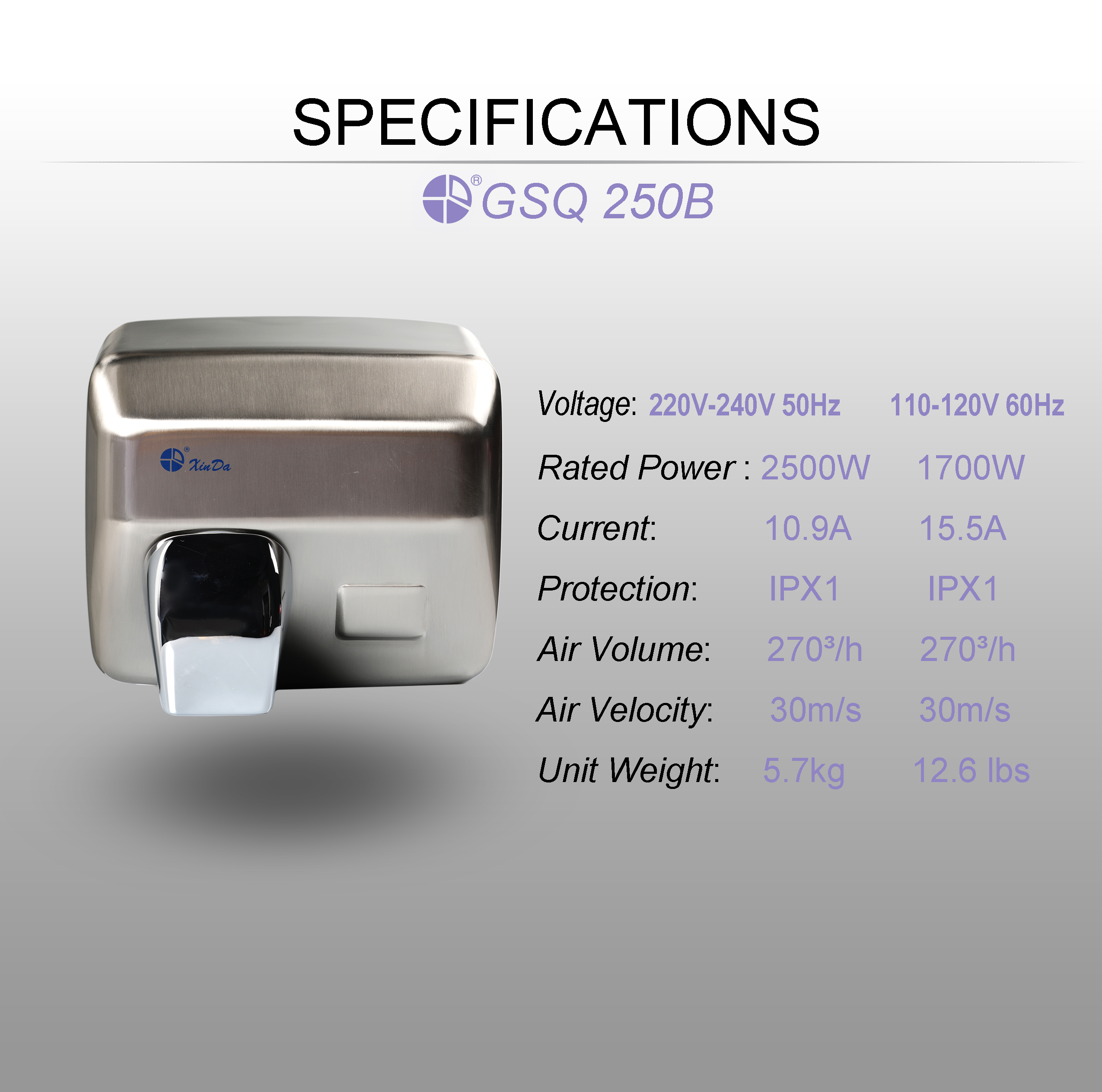 XinDa GSQ250B Nhà vệ sinh căng tin chất lượng cao Độ ồn thấp Máy sấy tay cảm biến thương mại tự động